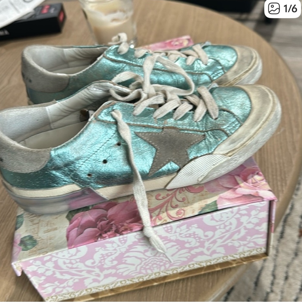 Golden Goose Metallic Teal and Silver Sneakers